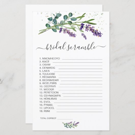 Lavender Eucalypt Word Scramble Brautparty Game (Vorne/Hinten)