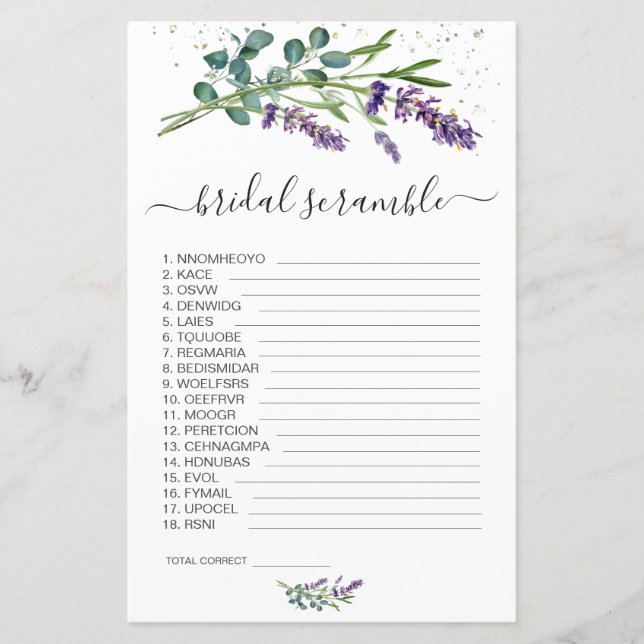 Lavender Eucalypt Word Scramble Brautparty Game (Vorderseite)