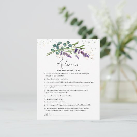 Lavender Eucalyptus Advice for Bride-to-be Hinweiskarte (Stehend Vorderseite)