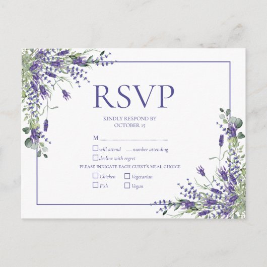 Lavender Eucalyptus Botanical Script Wedding RSVP Einladungspostkarte (Vorderseite)