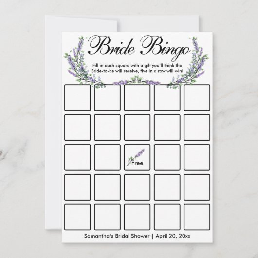 Lavender eucalyptus elegante Bridal Bingo Spielkar Einladung (Vorderseite)
