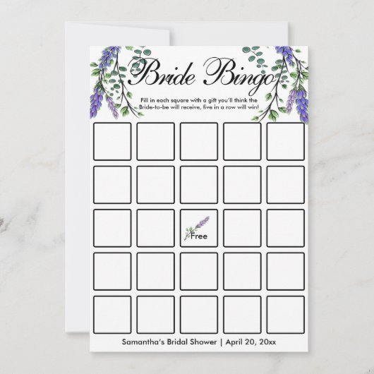 Lavender eucalyptus elegante Bridal Bingo Spielkar Einladung (Vorderseite)