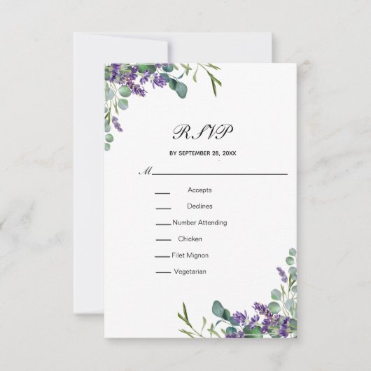 Lavender Eucalyptus Floral Formal Elegante Hochzei RSVP Karte (Vorderseite)