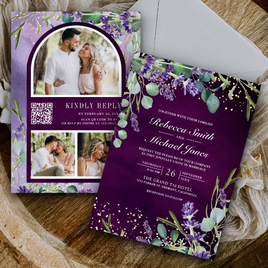 Lavender Eucalyptus Foto Lila QR Code Wedding Einladung