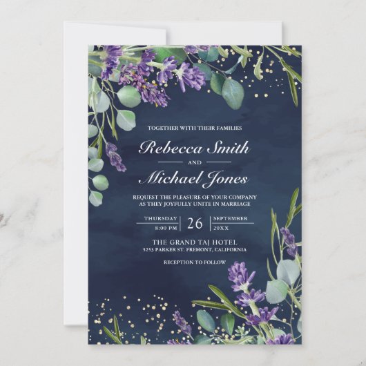 Lavender Eucalyptus Foto Navy QR Code Wedding Einladung (Vorderseite)