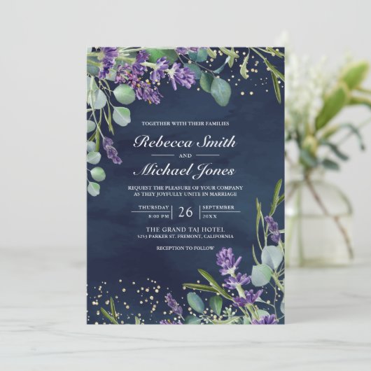 Lavender Eucalyptus Foto Navy QR Code Wedding Einladung (Stehend Vorderseite)