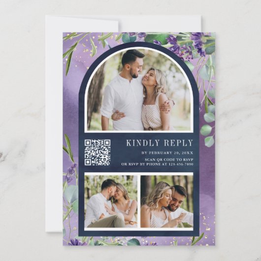 Lavender Eucalyptus Foto Navy QR Code Wedding Einladung (Rückseite)