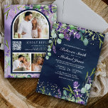 Lavender Eucalyptus Foto Navy QR Code Wedding Einladung<br><div class="desc">Erleben Sie Ihren Gast mit dieser eleganten Hochzeitsveranstaltung mit wunderschönen Lavendel-Blume und Eukalyptus-Blätter mit QR-Code für Online-UAWG. Fügen Sie einfach Ihre Veranstaltungsdetails zu dieser leicht zu bedienenden Vorlage hinzu und schmücken Sie diese Karte mit Ihrem bevorzugten Foto,  um sie zu einer personalisierten Einmaleinladung zu machen.</div>