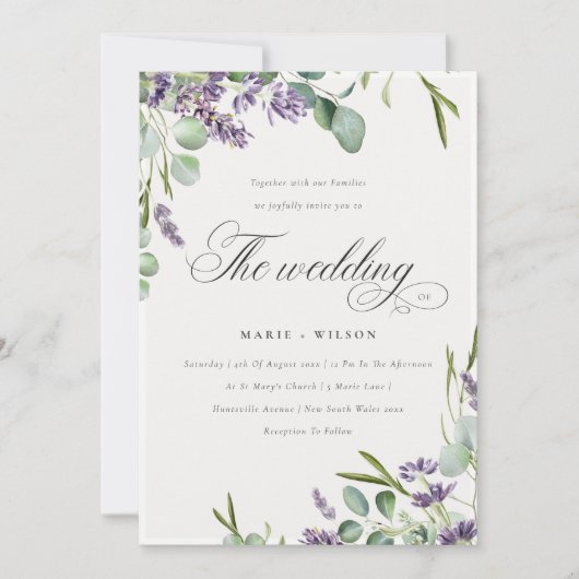 Lavender Eucalyptus Leafy Bunch Wedding Einladung (Vorderseite)