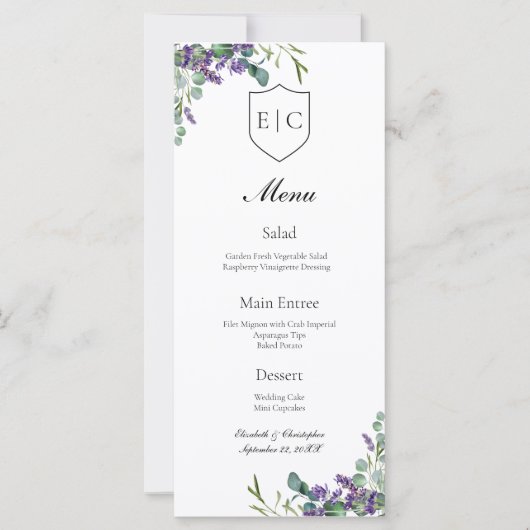 Lavender Eucalyptus Monogram Wedding Menu (Vorderseite)