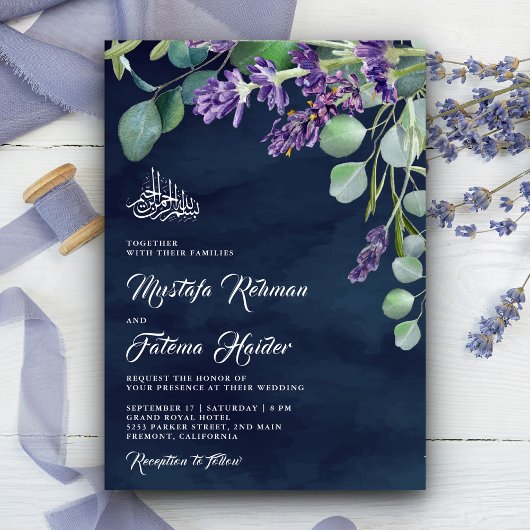 Lavender Eucalyptus Navy Blue Islamic Wedding Einladung