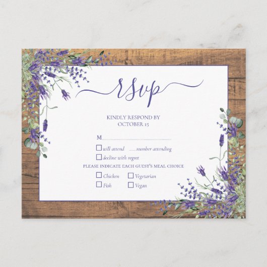 Lavender Eucalyptus Script Wood Wedding RSVP Einladungspostkarte (Vorderseite)