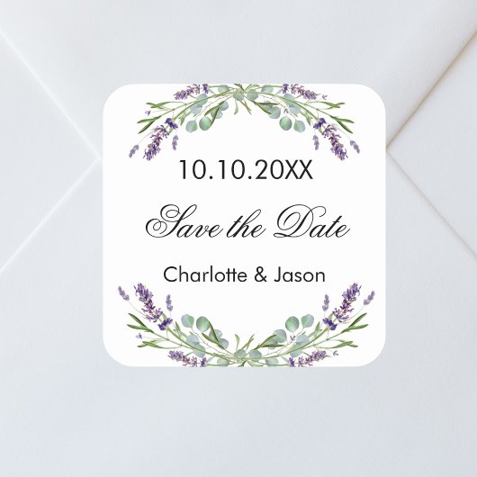Lavender eucalyptus wedding Save the Date Quadratischer Aufkleber
