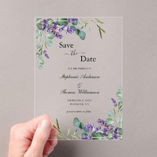 Lavender Eukalyptus Floral Wedding Save the Date Acryleinladungen (Insitu (Handheld))