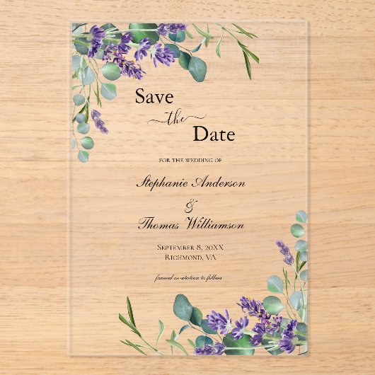 Lavender Eukalyptus Floral Wedding Save the Date Acryleinladungen (Vorderseite)
