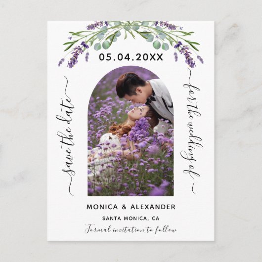 Lavender Eukalyptus Foto QR Hochzeit speichern das Ankündigungspostkarte (Vorderseite)