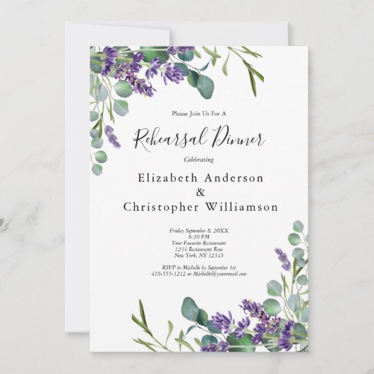 Lavender Eukalyptus Grüne Probe Abendessen Einladung (Vorderseite)