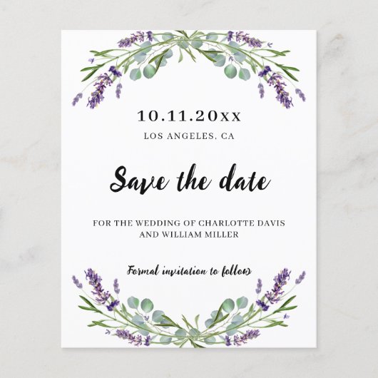 Lavender Eukalyptus Hochzeit speichern Sie das Dat Flyer (Vorne)