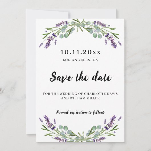 Lavender Eukalyptus Hochzeit speichern Sie das Dat Save The Date (Vorderseite)