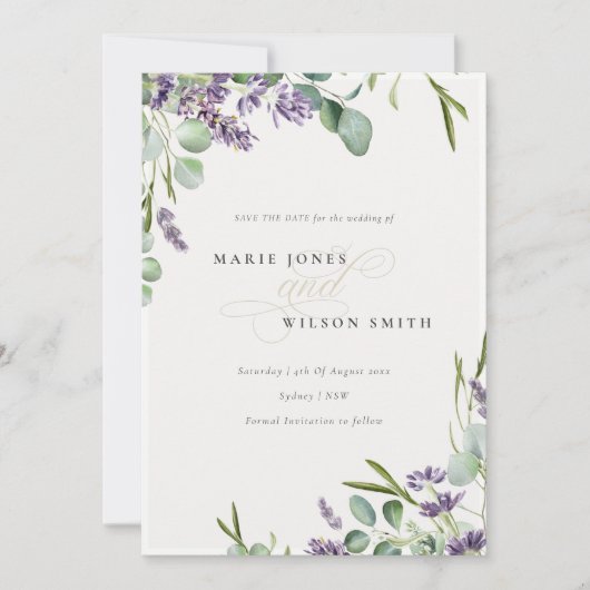 Lavender Eukalyptus Leafy Bunch Save the Date Card Dankeskarte (Vorderseite)