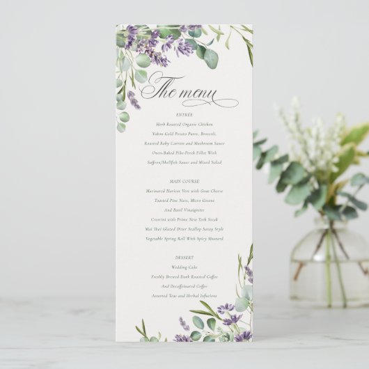 Lavender Eukalyptus Leafy Bunch Wedding Menu Card Einladung (Stehend Vorderseite)