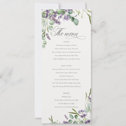 Lavender Eukalyptus Leafy Bunch Wedding Menu Card Einladung (Vorderseite)