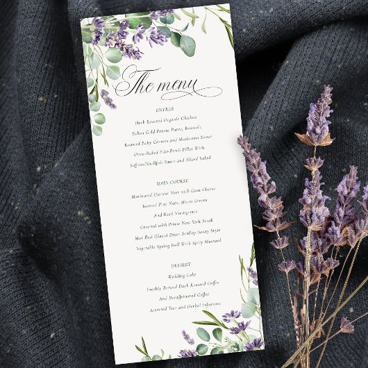 Lavender Eukalyptus Leafy Bunch Wedding Menu Card Einladung