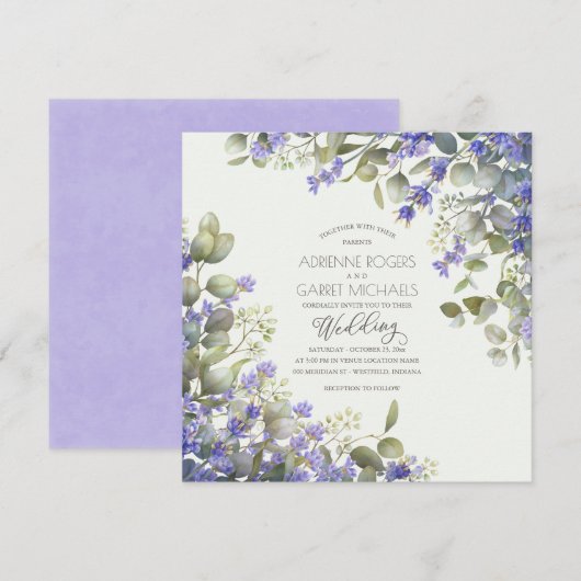 Lavender & Eukalyptus Square Wedding Einladung (Vorne/Hinten)