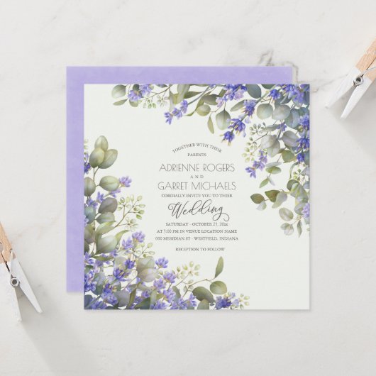 Lavender & Eukalyptus Square Wedding Einladung (Vorderseite/Rückseite Beispiel)
