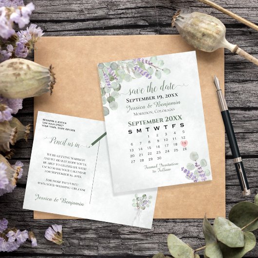 Lavender Eukalyptus Wedding Save the Date Calendar Ankündigungspostkarte