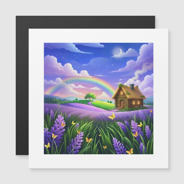 Lavender Field Rainbow Cottage Dream Magnetkarte (Vorne/Hinten)