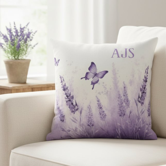 Lavender Field Throw Pillow – Monogram Initials Kissen (Lavender and Butterflies Decorative monogram pillow)