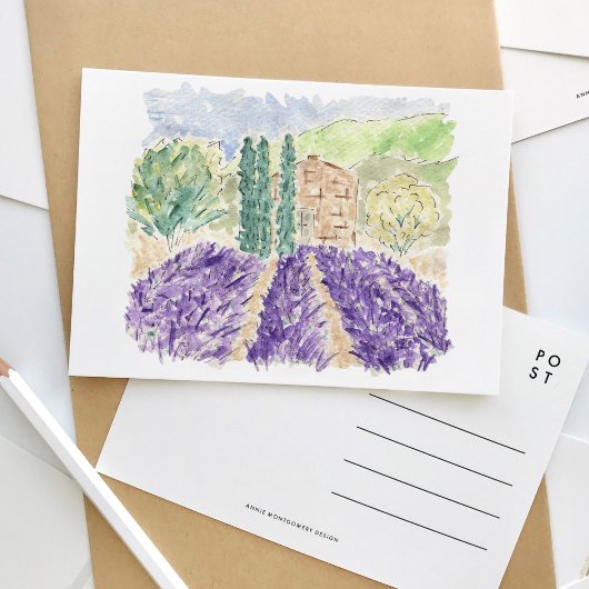 Lavender Fields France Watercolor Travel Postcard Einladungspostkarte