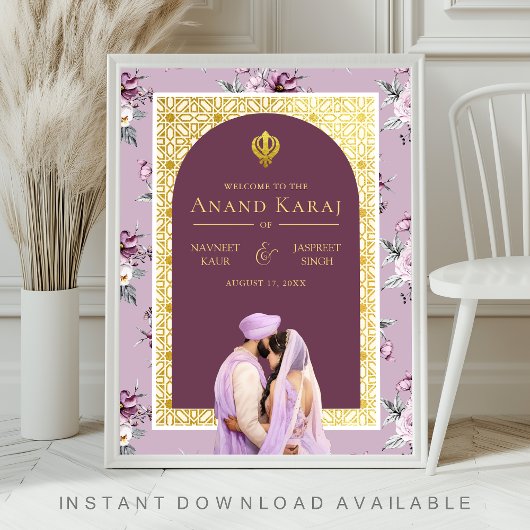 Lavender Floral Anand Karaj Wedding Welcome Sign Poster