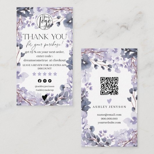 Lavender floral Aquarell-Auftrag Vielen Dank Visitenkarte (Vorne/Hinten)