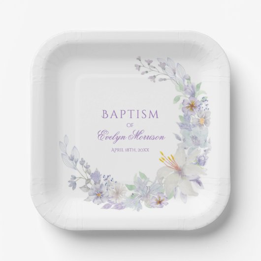 Lavender Floral Baptism Paper Plates Pappteller (Vorderseite)