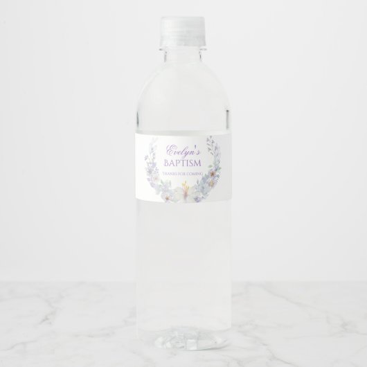 Lavender Floral Baptism Water Bottle Label Wasserflaschenetikett (Vorderseite)