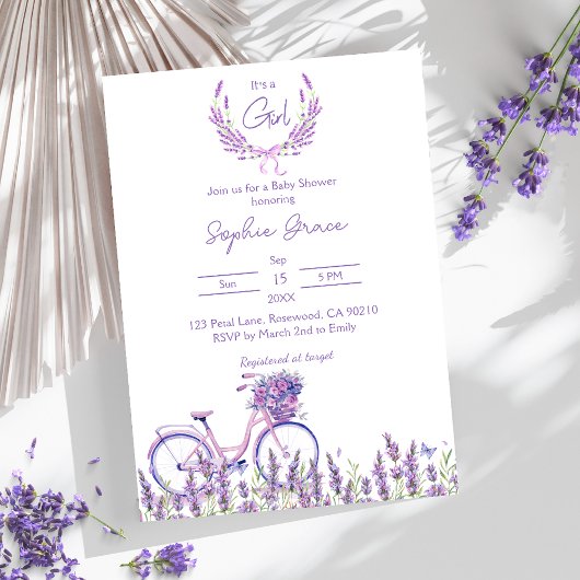 Lavender Floral Bicycle Baby Dusche Einladung
