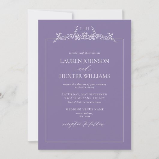 Lavender Floral Border Monogram Wedding Einladung (Vorderseite)
