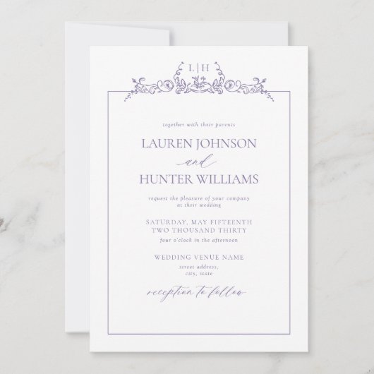 Lavender Floral Border Monogram Wedding Einladung (Vorderseite)
