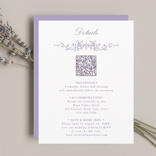 Lavender Floral Border QR Code Wedding Details Begleitkarte