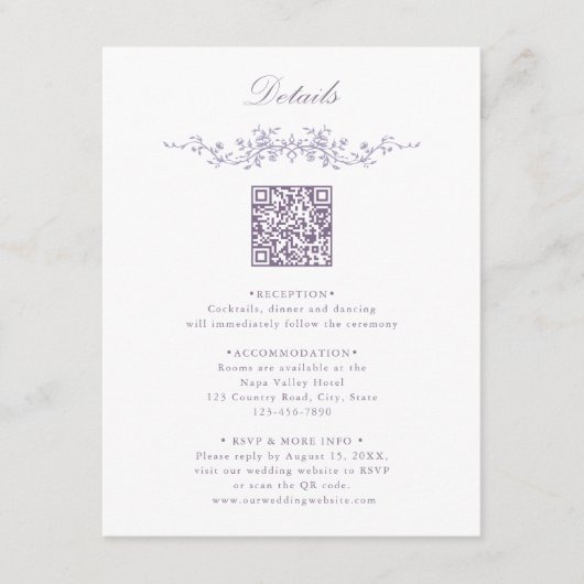Lavender Floral Border QR Code Wedding Details Begleitkarte (Vorderseite)