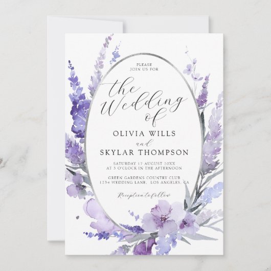 Lavender Floral Botanical Lilac Silver Wedding Einladung (Vorderseite)
