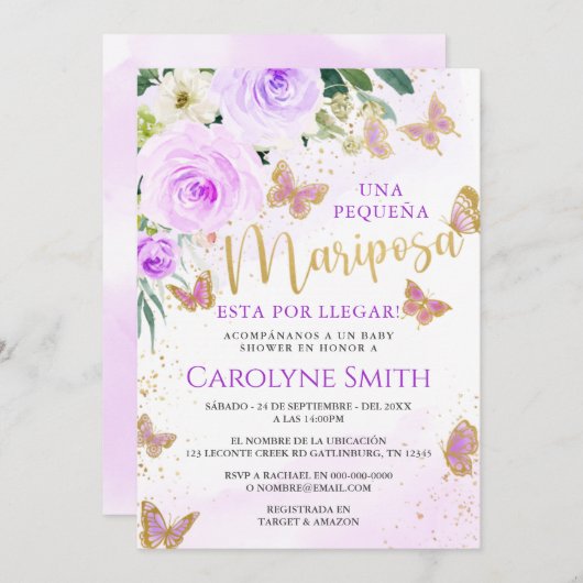 Lavender Floral Butterfly Baby Dusche Einladung Mä (Vorne/Hinten)