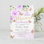 Lavender Floral Butterfly Babydusche auf Spanisch Einladung (Stehend Vorderseite)