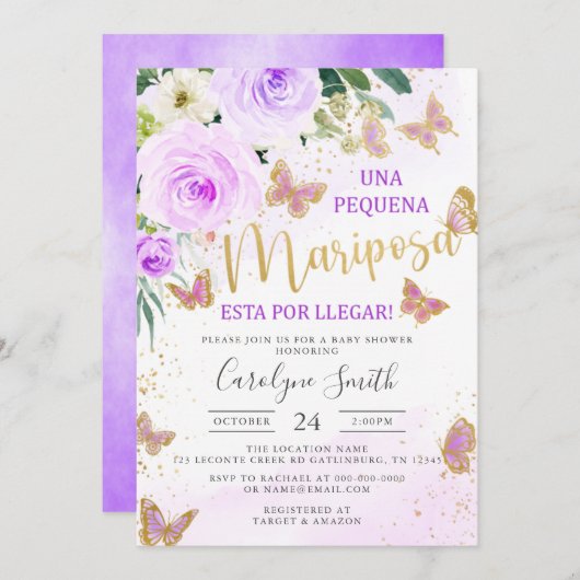Lavender Floral Butterfly Babydusche auf Spanisch Einladung (Vorne/Hinten)