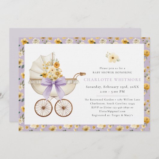 Lavender Floral Carriage Baby Shower Invite Einladung (Vorne/Hinten)