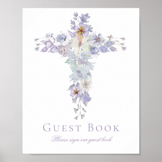 Lavender Floral Cross Baptism Guest Book Sign Poster (Vorne)