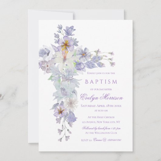 Lavender Floral Cross Baptism Invitation Einladung (Vorderseite)