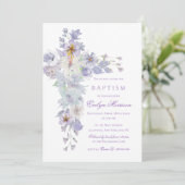 Lavender Floral Cross Baptism Invitation Einladung (Stehend Vorderseite)